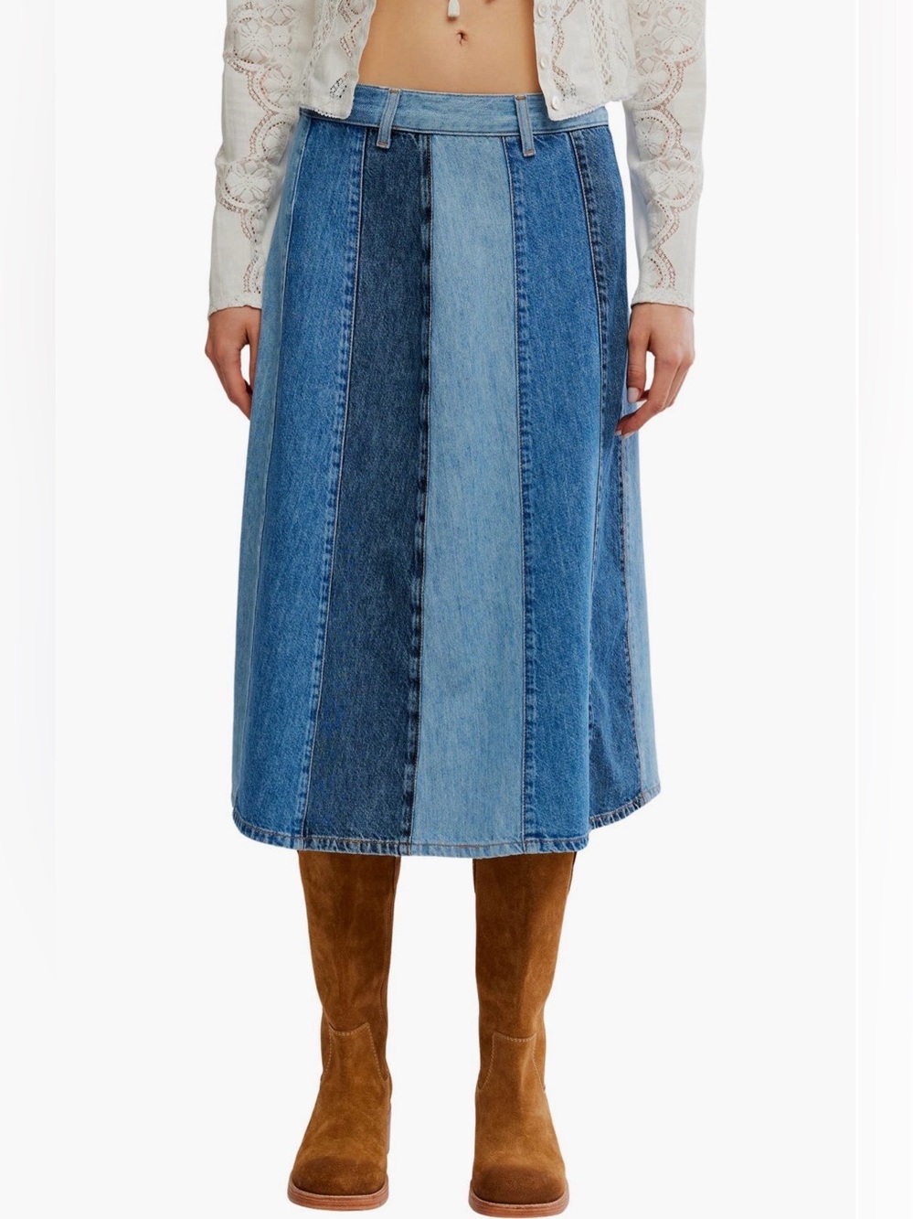 Free People Sunbeam Early Riser Patchwork Denim Midi Skirt  💯 Cotton NWT